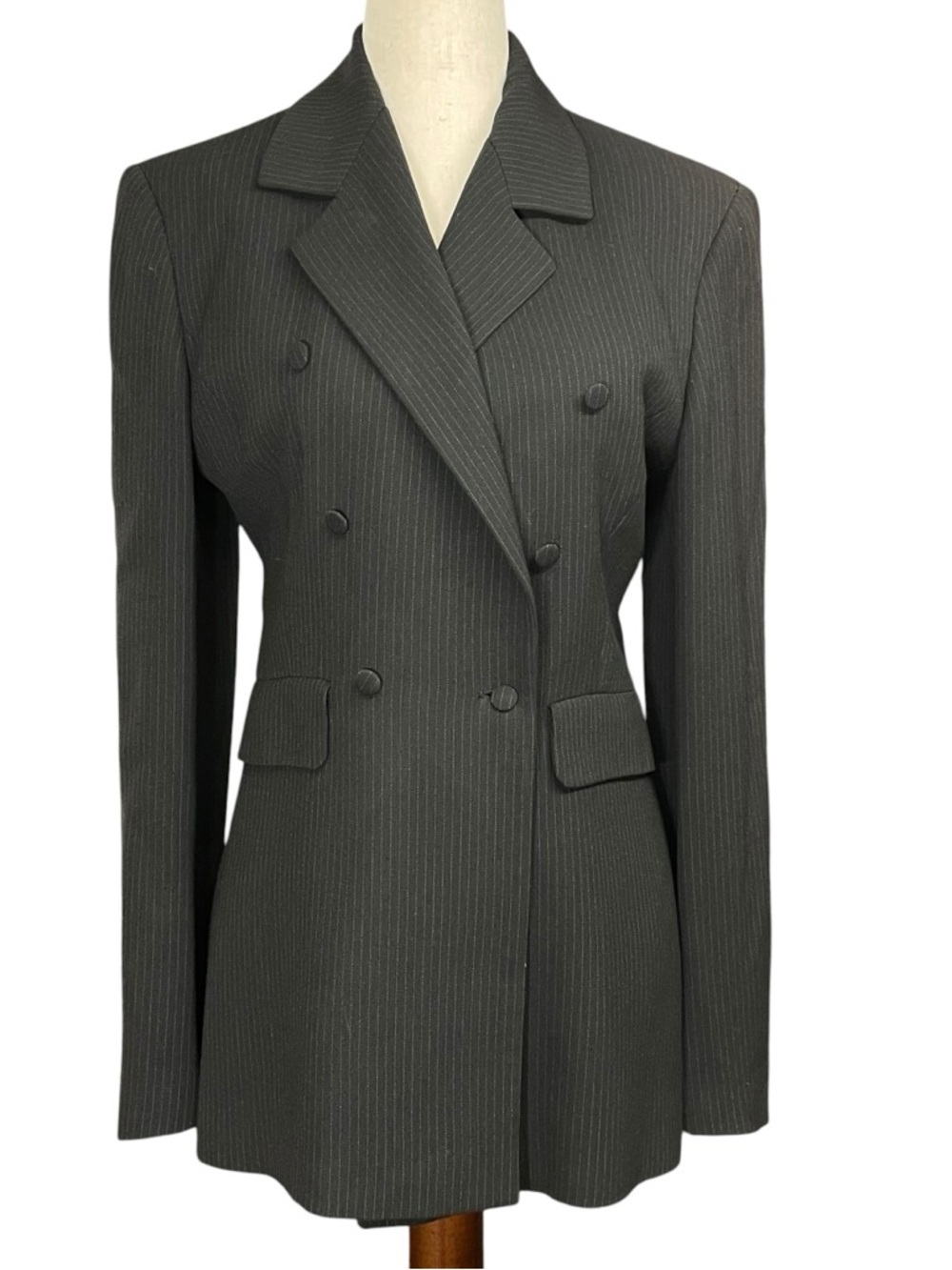 Emporio Armani Womens Black Double Breasted Pinstriped Blazer Size IT 40/ US 4